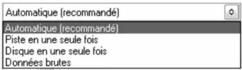 Automatique (recommandé) Automatique (recommandé) Piste en une seule fois Disque en une seule fois Données brutes