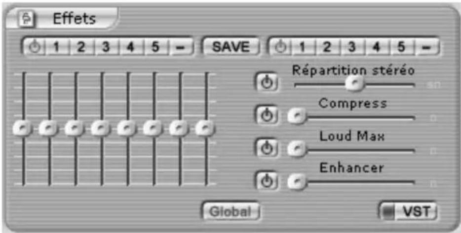 Effets 1 2 3 4 5 - SAVE 1 2 3 4 5 - Répartition stéréo Compress Loud Max Enhancer Global VST