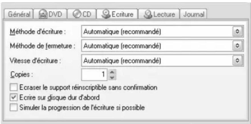 Général DVD CD Ecriture Lecture Journal Méthode d'écriture : Automatique (recommandé) Méthode de [ermeture : Automatique (recommandé) Vitesse d'écriture : Automatique (recommandé) Copies : 1 □ Ecraser le support réinscriptible sans confirmation ✓ Ecrire sur disque dur d'abord □ Simuler la progression de l'écriture si possible