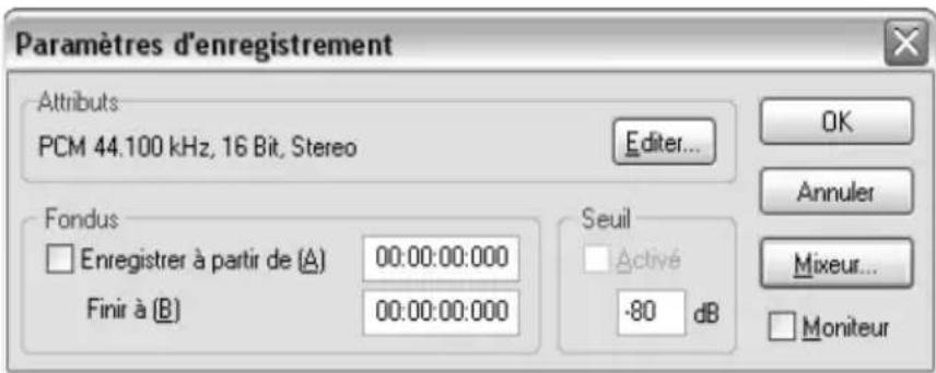 Paramètres d'enregistrement Attributs PCM 44.100 kHz, 16 Bit, Stereo Editor... Fondus Enregistrer à partir de (A) 00:00:00:000 Finir à (B) 00:00:00:000 Seuil Activé -80 dB OK Annuler Mixeur... Moniteur