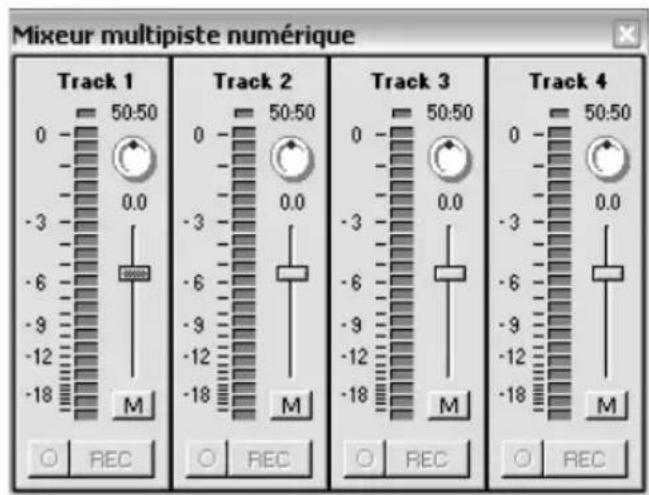 Mixeur multipiste numérique Track 1 50:50 0 0.0 -3 -6 -9 -12 -18 M O REC Track 2 50:50 0 0.0 -3 -6 -9 -12 -18 M O REC Track 3 50:50 0 0.0 -3 -6 -9 -12 -18 M O REC Track 4 50:50 0 0.0 -3 -6 -9 -12 -18 M O REC