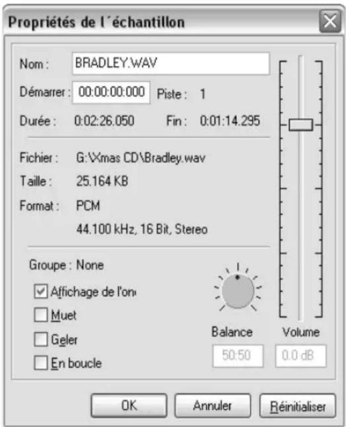 Propriétés de l'échantillon Nom : BRADLEY.WAV Démarrer : 00:00:00:000 Piste : 1 Durée : 0:02:26.050 Fin : 0:01:14.295 Fichier : G:\Xmas CD\Bradley.wav Taille : 25.164 KB Format : PCM 44.100 kHz, 16 Bit, Stereo Groupe : None ✓ Affichage de l'on □ Muet □ Geler □ En boucle Balance Volume 50:50 0.0 dB OK Annuler Réinitialiser