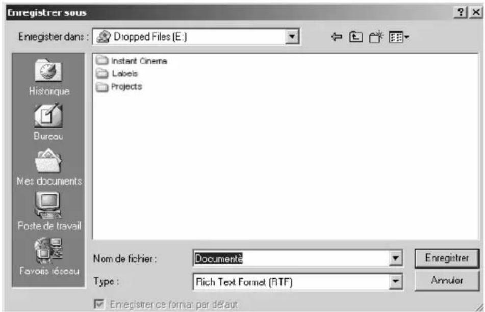 Enregistrer sous Enregistrer dans : Dropped Files (E:) Instant Cinema Labels Projects Homé d'écou Durcou Mes documents Poste de travail Favois réseau Nom de fichier: Documente Type: Rich Text Format (RTF) Enregistrer Annulier Enregistrer ce format par défaut