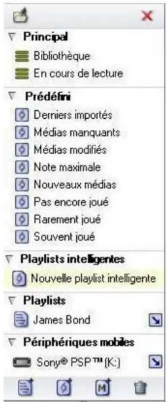 Screenshot of a software interface showing hierarchical menu items with options like 'Prédéfini', 'Playlists intelligentes', and 'Périphériques mobiles'.