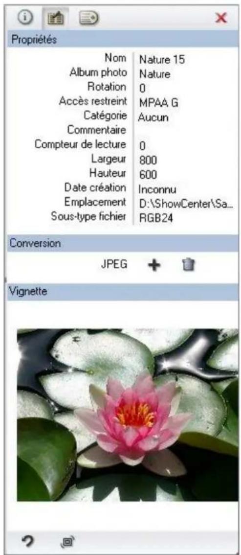 Propriétés Nom Nature 15 Album photo Nature Rotation 0 Accès restreint MPAA G Catégorie Aucun Commentaire Compteur de lecture 0 Largeur 800 Hauteur 600 Date création Inconnu Emplacement D:\ShowCenter\Sa... Sous-type fichier RGB24 Conversion JPEG + Vignette