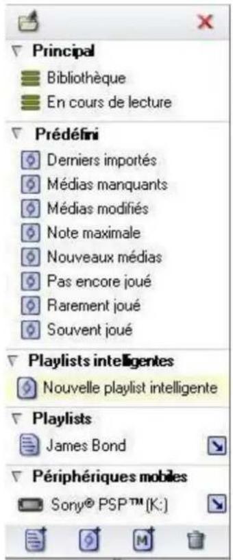 Screenshot of a software interface showing hierarchical menu items with options like 'Prédéfini', 'Playlists intelligentes', and 'Périphériques mobiles'.
