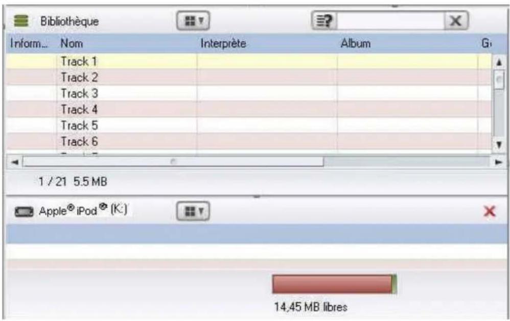 Bibliothèque Inform... Nom Interprète Album G Track 1 Track 2 Track 3 Track 4 Track 5 Track 6 1 / 21 5.5 MB Apple® iPod® (K:) 14.45 MB libres