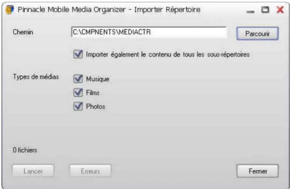 Pinnacle Mobile Media Organizer - Importer Répertoire Chemin C:\CMPNENTS\MEDIACTR Parcourir ✓ Importer également le contenu de tous les sous-répertoires Types de médias ✓ Musique ✓ Films ✓ Photos 0 fichiers Lancer Eureurs Fermer