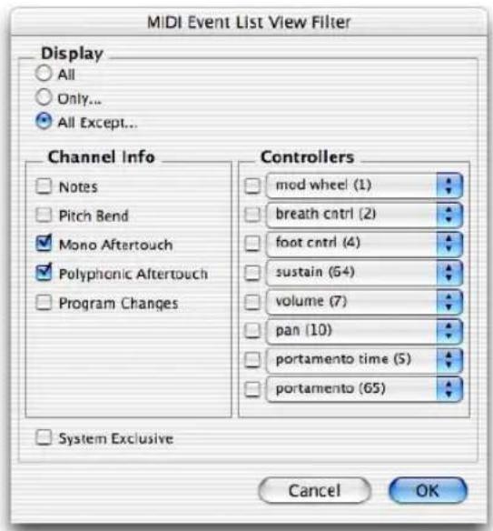 Avid Pro Tools 7.0 - Par exemple, pour filtrer les messages Aftertouch et System Exclusive dans la liste des événements MIDI : - 1