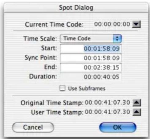 Avid Pro Tools 7.0 - Boîte de dialogue Spot - 1