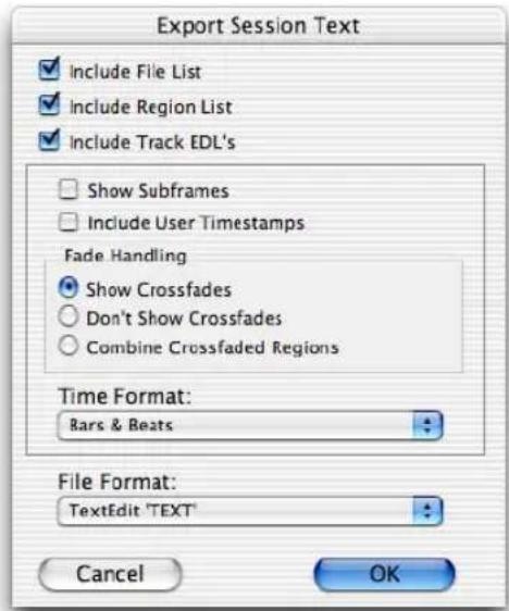 Avid Pro Tools 7.0 - Options de la boîte de dialogue Export Session Text - 1