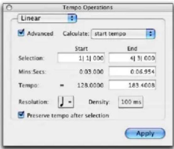Tempo Operations Linear Advanced Calculate: start tempo Start End Selection: 1| 1| 000 4| 3| 000 Mins:Secs: 0.03.000 0.06.954 Tempo: = 128.0000 183.4008 Resolution: = Density: 100 ms Preserve tempo after selection Apply