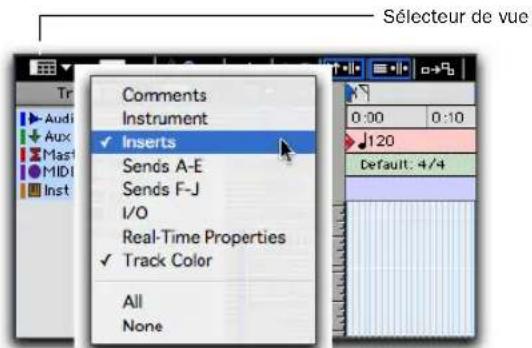 Sélecteur de vue Comments Instrument ✓ Inserts Sends A-E Sends F-J I/O Real-Time Properties ✓ Track Color All None