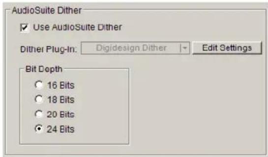 AudioSuite Dither ✓ Use AudioSuite Dither Dither Plug-In: Digidesign Dither Edit Settings Bit Depth 16 Bits 18 Bits 20 Bits 24 Bits