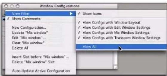 Avid Pro Tools 7.3 - Menu contextuel de la liste des configurations de fenêtres - 1