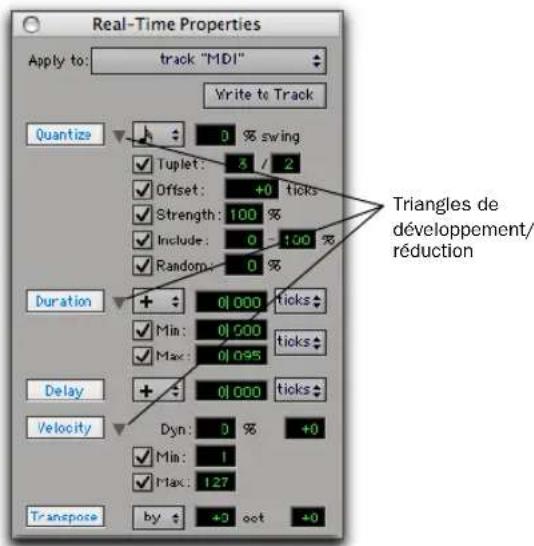 Real-Time Properties Apply to: track "MDI" Write to Track Quantize 0 % swing Tuplet: 8 / 2 Offset: +0 ticks Strength: 100 % Include: 0 - 100 % Random: 0 % Duration 0 000 ticks Min: 0 500 ticks Max: 0 095 ticks Delay 0 000 ticks Velocity Dyn: 3 % +0 Min: 1 Max: 127 Transpose by +3 oct +0 Triangles de développement/ réduction