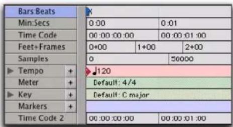 Bars Beats Min.Secs Time Code Feet+Frames Samples Tempo + Meter + Key + Markers + Time Code 2 0:00 00:00:00:00 0+00 1+00 2+00 0 50000 120 Default: 4/4 Default: C major 00:00:00:00 00:00:01:00