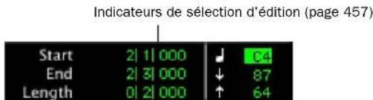 Indicateurs de sélection d'édition (page 457) Start 2|1|000 ↓ 04 End 2|3|000 ↓ 87 Length 0|2|000 ↑ 64