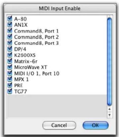 MIDI Input Enable A-80 AN1X Command8, Port 1 Command8, Port 2 Command8, Port 3 DP/4 K2600XS Matrix-6r MicroWave XT MIDI I/O 1, Port 10 MPX 1 PRE TG77 Cancel OK