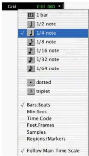 Grid 0:01.000 1 bar 1/2 note ✓ 1/4 note 1/8 note 1/16 note 1/32 note 1/64 note • dotted 3 triplet ✓ Bars:Beats Min:Secs Time Code Feet.Frames Samples Regions/Markers ✓ Follow Main Time Scale