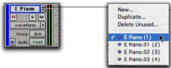 E Piano waveform Voice dyn Auto read New... Duplicate... Delete Unused... ✓ E Piano (1) E Piano.01 (2) E Piano.02 (3) E Piano.03 (4)