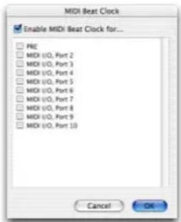 Enable MIDI Beat Clock for... PRE MIDI (0, Port 2 MIDI (0, Port 3 MIDI (0, Port 4 MIDI (0, Port 5 MIDI (0, Port 6 MIDI (0, Port 7 MIDI (0, Port 8 MIDI (0, Port 9 MIDI (0, Port 10)