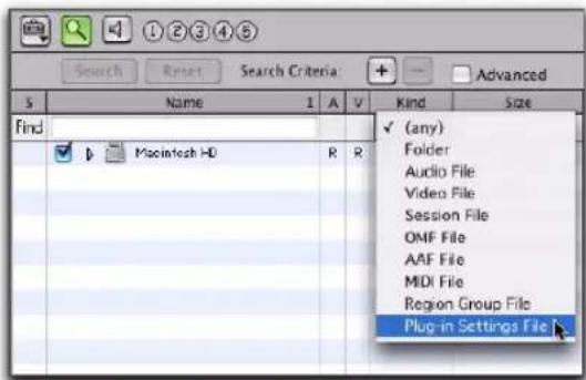 Search Reset Search Criteria Advanced S Name 1 A V Kind Size Find Macintosh HD R R (any) Folder Audio File Video File Session File OMF File AAF File MDI File Region Group File Plug-in Settings File