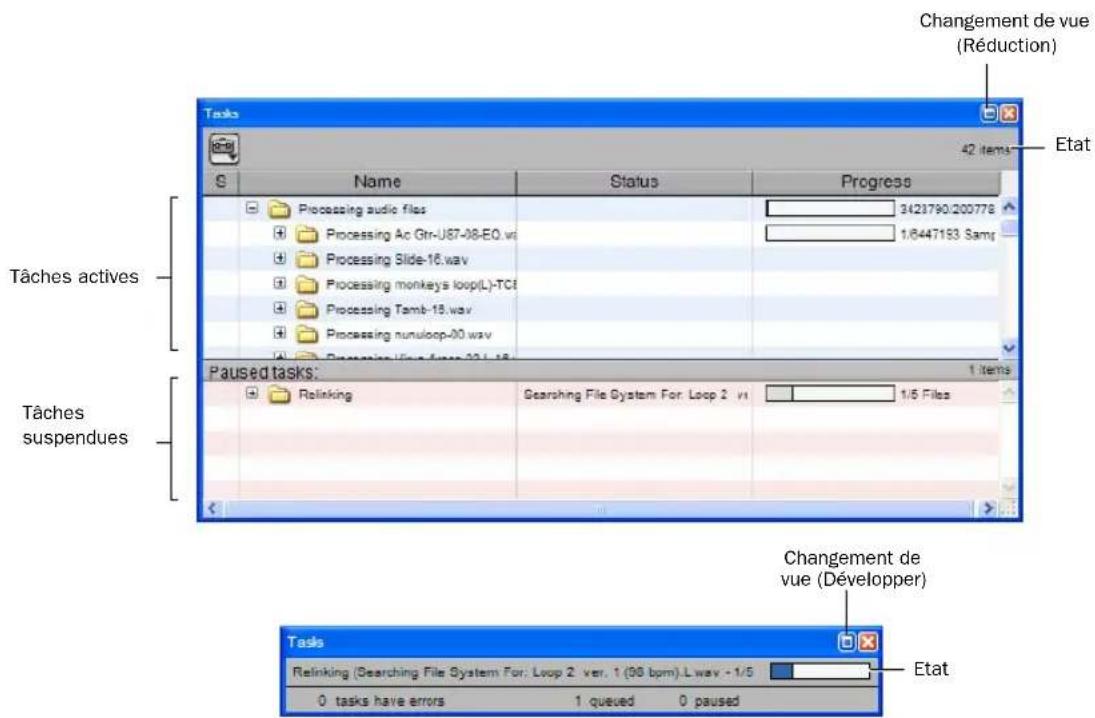 Changement de vue (Réduction) 42 items Etat Tâches actives Tâches suspendues Paused tasks: 1. Items Rotinking Searching File System For: Loop 2 - vi 1/5 Files Changement de vue (Développer) Etat Tasks RefLinking (Searching File System For: Loop 2 - ver, 1 (90 bpm).L.wav - 1/5 0 tasks have errors 1 queued 0 paused