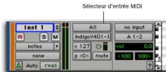 Sélecteur d'entrée MIDI Inst 1 All IndigoV401-1 v 127 p >0< mute no input A 1-2 vol 0.0 <100 100>
