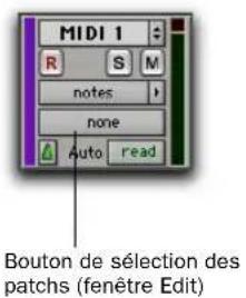 MIDI 1 R S M notes none Auto read Bouton de sélection des patches (fenêtre Edit)