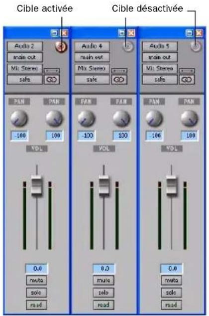 Cible activée Audio 2 main out Mix Stereo safe PAN -100 PAN 100 VOL Audio 4 main out Mix Stereo safe PAN -100 PAN 100 VOL Audio 5 main out Mix Stereo safe PAN -100 PAN 100 VOL Audio 6 main out Mix Stereo safe PAN -100 PAN 100 VOL Audio 7 main out Mix Stereo safe