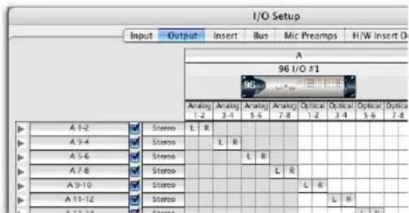 I/O Setup Input Output Insert Bus Mic Preamps H/W Insert D A 96 I/O #1 Analog Analog Analog Analog Optical Optical 1.2 3.4 5.6 7.8 1.2 3.4 5.6 7.8 A 1-2 Stereo L R A 3-4 Stereo A 5-6 Stereo A 7-8 Stereo A 9-10 Stereo A 11-12 Stereo L R L R L R L R