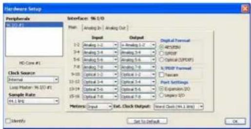 Hardware Setup Peripherals MS102 #1 Interface: MS 1/0 Input: Analog In | Analog Out | Input 1-2 Analog 3-2 Analog 3-4 Analog 3-6 Analog 5-6 Analog 7-6 Analog 9-6 Analog 12-6 Optical 1-2 Optical 1-4 Optical 3-4 Optical 5-6 Optical 7-6 Digital Format: ACOSIN COSPF Optical (CPDF) K-PREF Format: Basic Port Settings Expansion (IO) Código (IO) Sample Rate H1.1 Hz H2.1 Hz Micro: Input Est. Clock Output: Word Check (144.1 MHz) Identity Set to Default OK