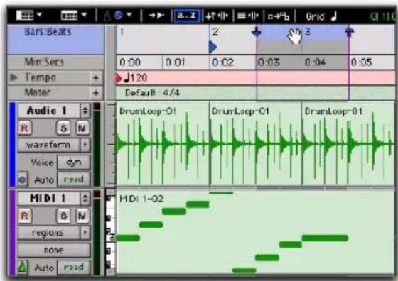 Bars Beats Min Secs Tempo Meter 1 2 3 0:00 0:01 0:02 0:03 0:04 0:05 J120 Default 4/4 Audio 1 R S M waveform Voice dyn Auto read DrumLoop-01 DrumLoop-01 DrumLoop-01 MIDI 1 R S M regions none Auto read MIDI 1-02