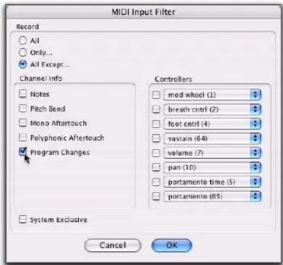 MIDI Input Filter Record All Only... All Except... Channel Info Notes Pitch Bend Mono Aftertouch Polyphonic Aftertouch Program Changes Controllers mod wheel (1) breath cntrl (2) foot cntrl (4) sustain (64) volume (7) pan (10) portamento time (5) portamento (65) System Exclusive Cancel OK