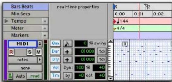 Bars Beats Min:Secs Tempo Meter Markers real-time properties 0.00 0.01 0.02 144 4/4 MIDI Quo 0 % swing Dur + 0 000 tok Dly + 0 000 tok Vel Dyn: 100 % +0 Trn by +0 oct +0 notes none Auto read