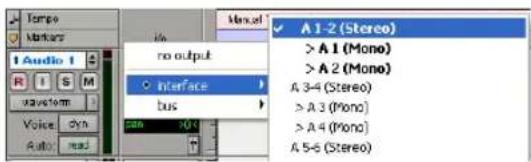 Tempo Markers Audio 1 R I S M waveform Voice Syn Auto mail no output Interface bus man 30 Manual A1-2 (Stereo) >A1 (Mono) >A2 (Mono) A 3-4 (Stereo) >A3 (Mono) >A4 (Mono) >A5-6 (Stereo)