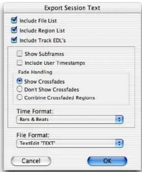 Avid Pro Tools 7.3 - Options de la boîte de dialogue Export Session Text - 1