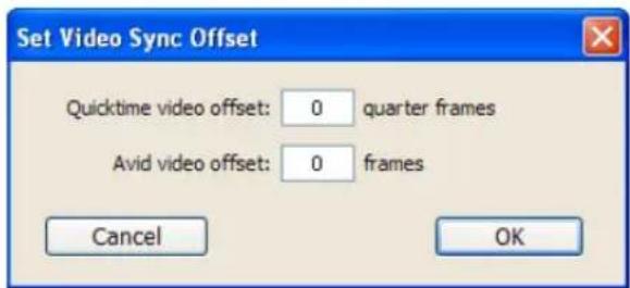 Set Video Sync Offset Quicktime video offset: 0 quarter frames Avid video offset: 0 frames Cancel OK