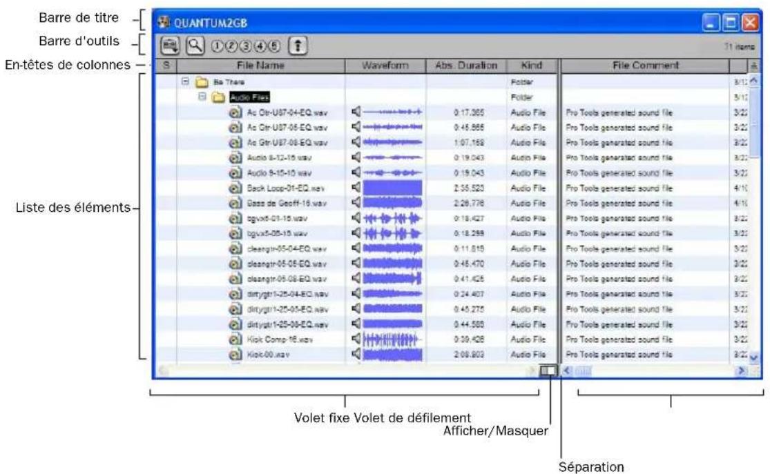 Barre de titre Barre d'outils En-têtes de colonnes Liste des éléments Volet fixe Volet de défilement Afficher/Masquer Séparation