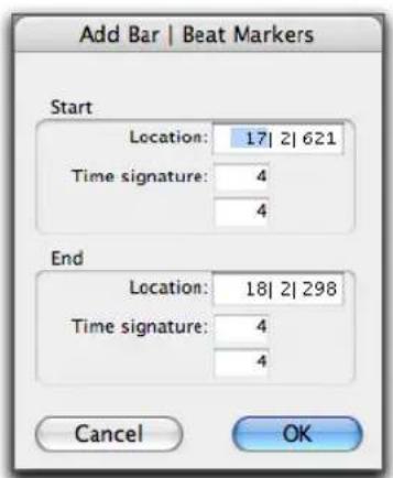 Add Bar | Beat Markers Start Location: 17| 2| 621 Time signature: 4 4 End Location: 18| 2| 298 Time signature: 4 4 Cancel OK