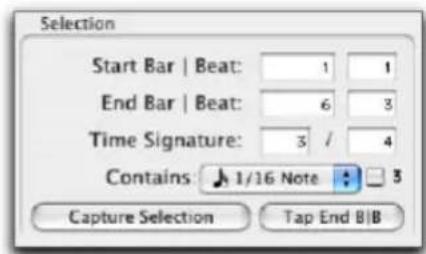 Selection Start Bar | Beat: 1 1 End Bar | Beat: 6 3 Time Signature: 3 / 4 Contains: 1/16 Note 3 Capture Selection Tap End B/B