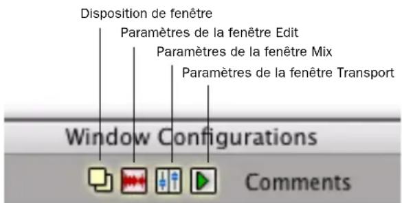 Disposition de fenêtre Paramètres de la fenêtre Edit Paramètres de la fenêtre Mix Paramètres de la fenêtre Transport Window Configurations Comments