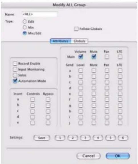 Modify ALL Group Name: Type: Edit Mix Mix/Edit Follow Globals Attributes Globals Record Enable Input Monitoring Solos Automation Mode Insert Controls Rypass a □ □ b □ □ c □ □ d □ □ e □ □ Volume Mute Pan LFE Main ✓ ✓ □ Send Level Mute Pan LFE a □ □ □ □ b □ □ □ □ c □ □ □ □ d □ □ □ □ e □ □ □ □ f □ □ □ □ g □ □ □ □ h □ □ □ □ i □ □ □ □ j □ □ □ □ Settings: Save 1 2 3 4 5 6 Cancel OK