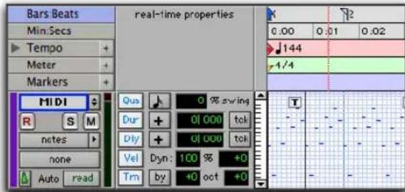 Bars Beats Min:Secs Tempo Meter Markers real-time properties 0.00 0.01 0.02 144 1/4 MIDI Qua 0 % swing Dur + 0 000 tok Dly + 0 000 tok Vel Dyn: 100 % +0 Trn by +0 oct +0 Auto read