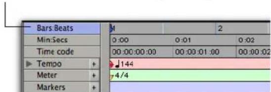 Bars Beats Min:Secs Time code Tempo + Meter + Markers M 2 0:00 0:01 0:02 00:00:00:00 00:00:01:00 00:00:02 144 4/4