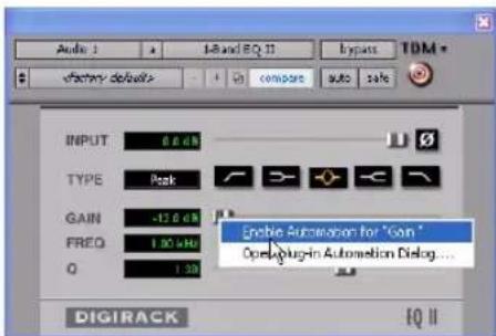 Audio 1 + Mand Eq. II Inputs TDM #cherry defaults + in compare auto safe INPUT 0.0 GB TYPE Peak GAIN -42.0 GB FREQ 1.00 kHz Q 1.50 Enable Automation for "Gain" Open/Plug-in Automation Dialog... DIGIRACK FQ II