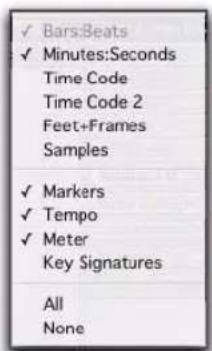 ✓ Bars:Beats ✓ Minutes:Seconds Time Code Time Code 2 Feet+Frames Samples ✓ Markers ✓ Tempo ✓ Meter Key Signatures All None
