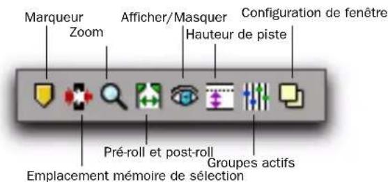 Marqueur Zoom Afficher/Masquer Configuration de fenêtre Hauteur de piste Pré-roll et post-roll Groupes actifs Emplacement mémoire de sélection