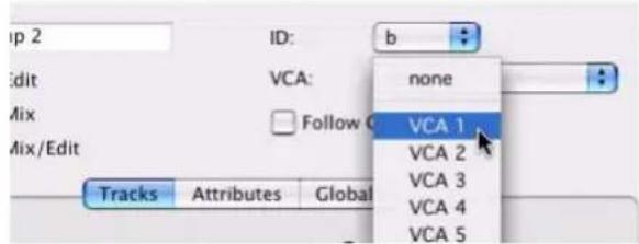 Up 2 Edit Mix Mix/Edit ID: b VCA: none Follow C VCA 1 VCA 2 VCA 3 VCA 4 VCA 5 Tracks Attributes Global